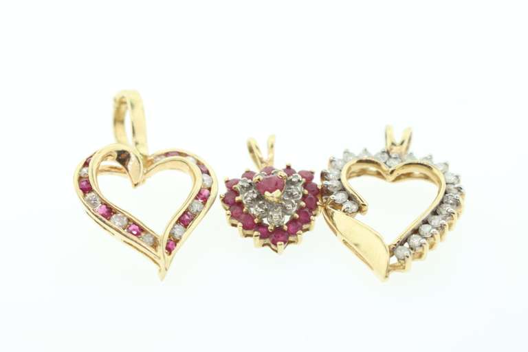 Romantic Group Set of 14k Gold Heart Pendants with Diamonds and Red Topaz