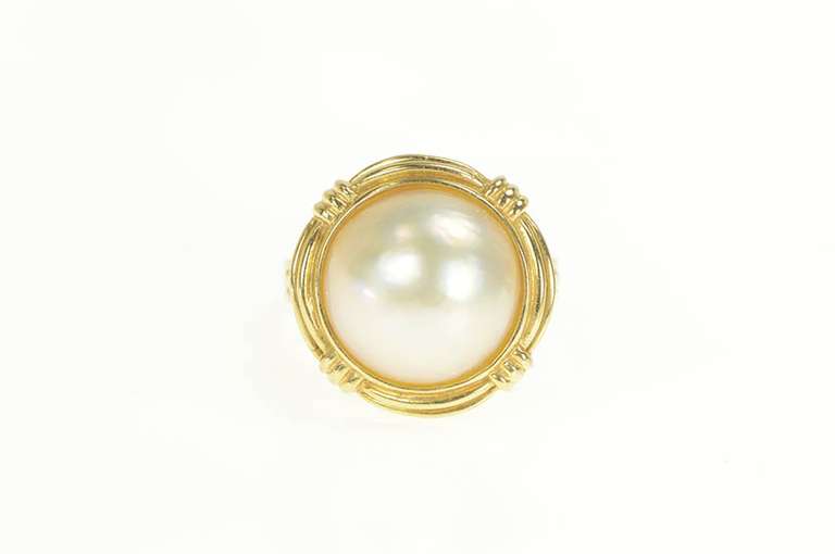 18K Yellow Gold Mabe Pearl Ornate Banded Statement Cocktail Ring