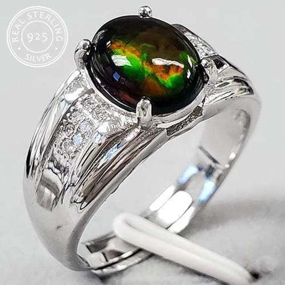 1.70CT GENUINE ETHIOPIAN BLACK OPAL & CREATED WHITE TOPAZ STERLING ADJUSTABLE MENS ING