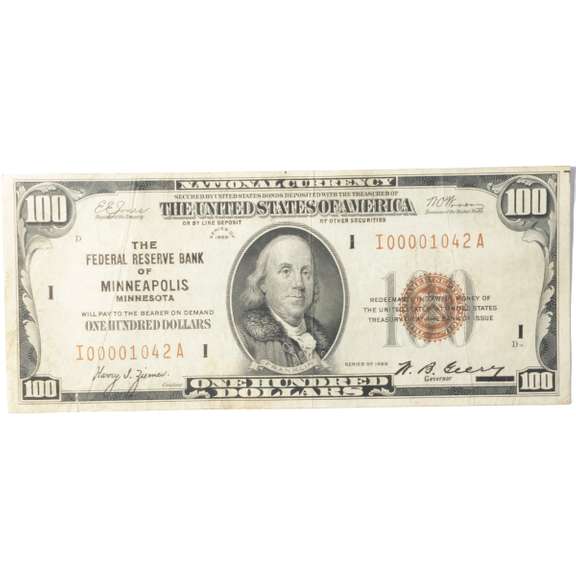 $100 1929 National Currency Federal Reserve Bank Minneapolis Minn Note
