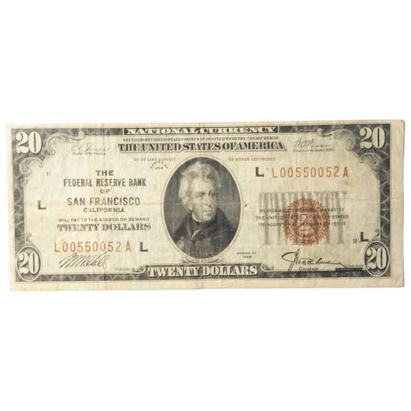 $20 1929 National Currency Federal Reserve Bank San Francisco Ca Note
