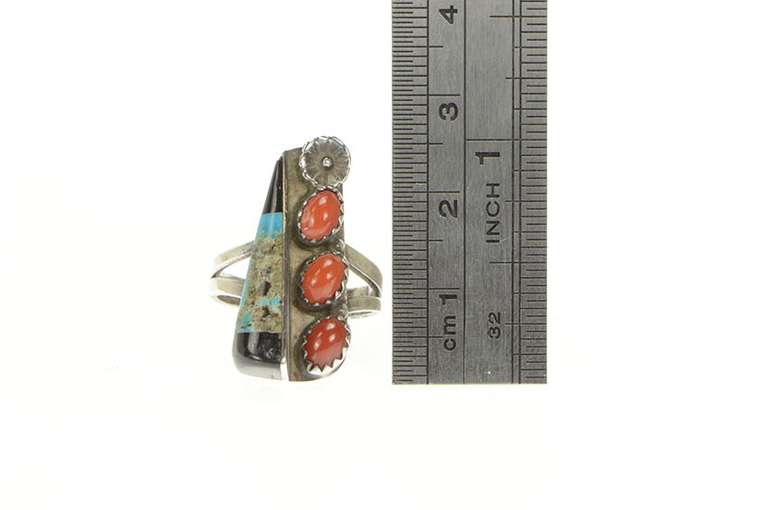 Sterling Silver Native American Coral Turquoise Onyx Ring