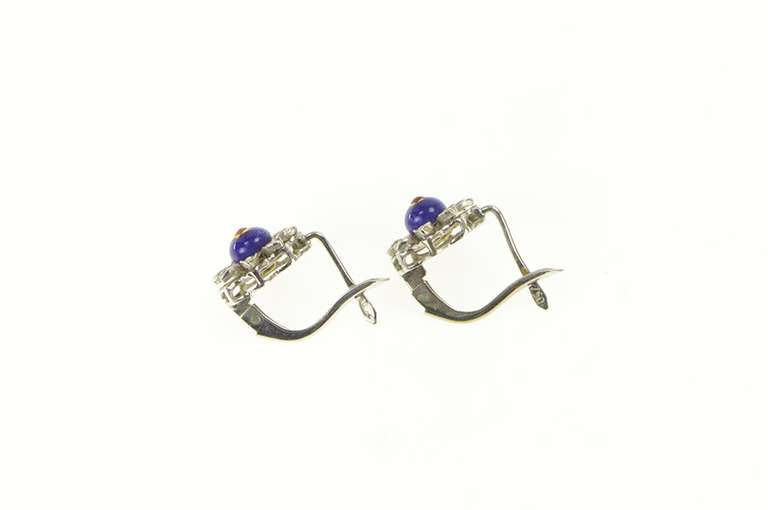 18K White Gold 1940's Blue Enamel Diamond Halo Flower Earrings