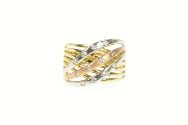 14K Yellow Gold Diamond Tri Tone Wavy Layered Look Band Ring