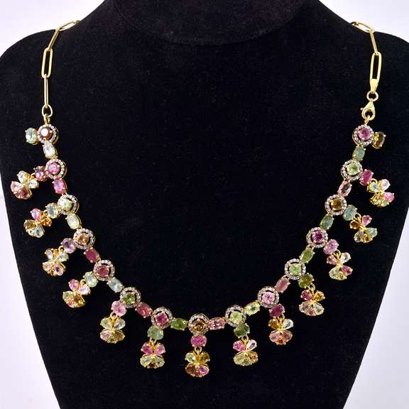 Opulant  29.20CTW Colorful Tourmaline & 2.00CTW Diamond Necklace in Gold Plated Sterling Silver