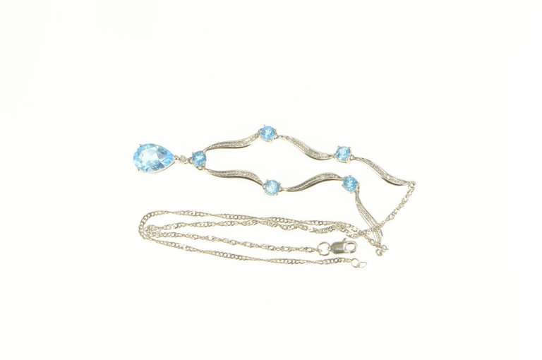 14K White Gold Pear Blue Topaz Diamond Wavy Bar Chain Necklace