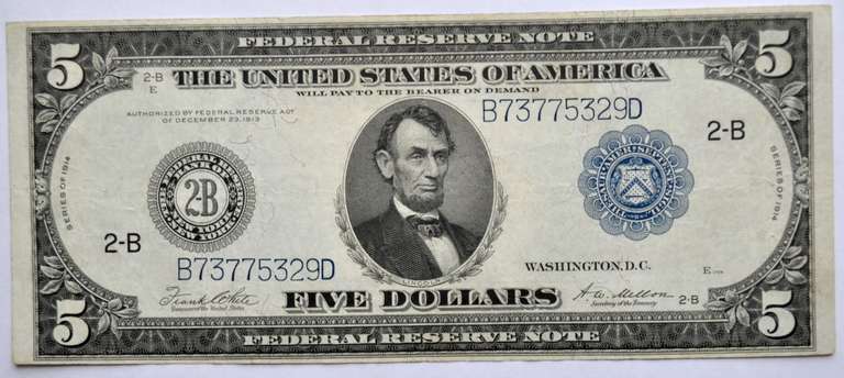 $5 Series of 1914 Landing Of Columbus& William Penn FRNn