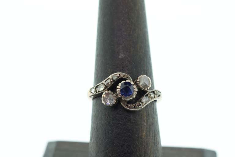 Antique 14kt Rose Gold, Blue Sapphire & Diamond Ring