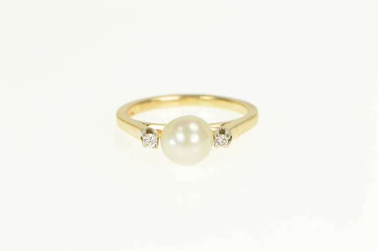 14K Yellow Gold 1950's Classic Pearl Diamond Accent Statement Ring