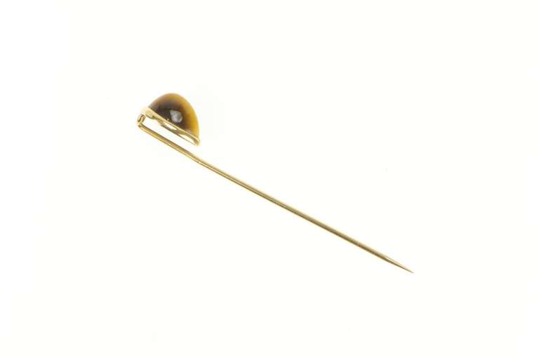 18K Yellow Gold Pear Tiger's Eye Cabochon Ornate Vintage Stick Pin