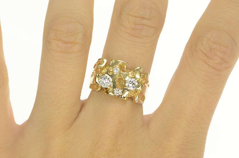 14K Yellow Gold 0.64 Ctw Diamond Textured Nugget Statement Ring