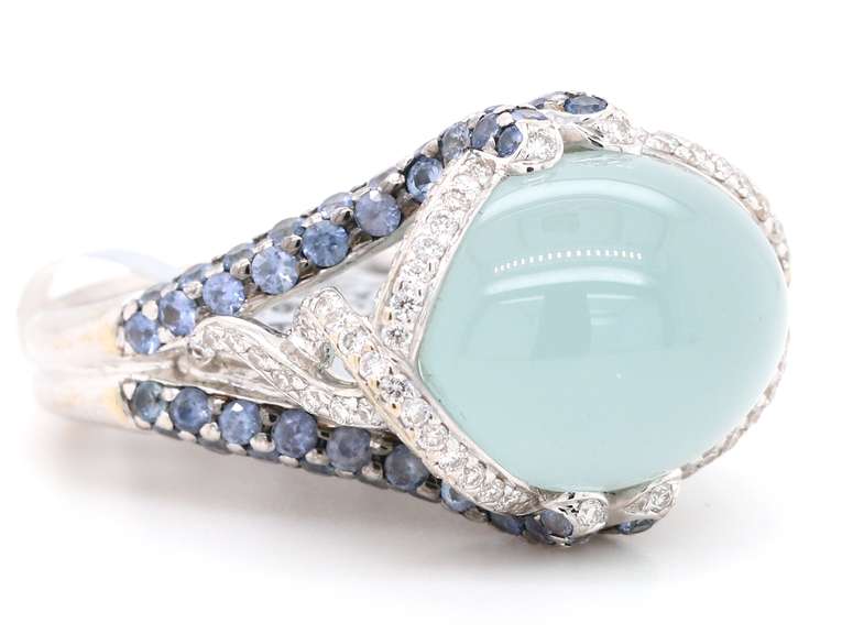 New 12.20ct Chalcedony 1.84ctw Sapphire and 0.88ctw Diamond Frame Ring in 18K