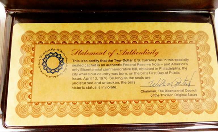 U.S. 2 Dollar Bill Bicentennial 1st Day Issue w/COA