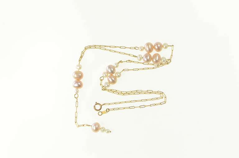 10K Yellow Gold Classic Pearl Chain Link Drop Dangle Necklace
