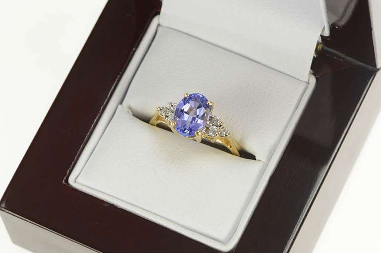 14K Yellow Gold Oval Sim. Tanzanite Cubic Zirconia Cluster Accent Ring