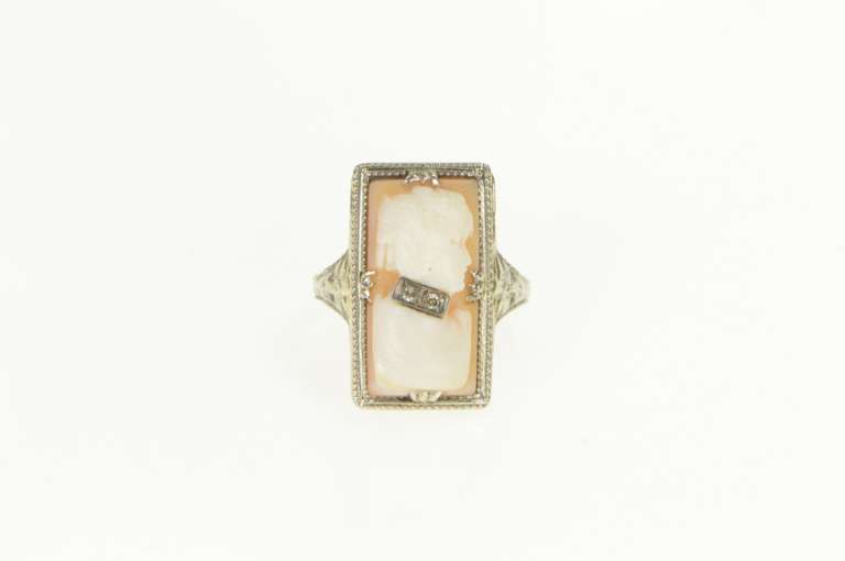 14K White Gold Art Deco Filigree Carved Shell Cameo Diamond Ring