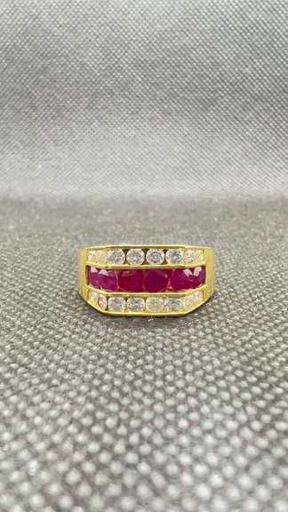 UNISEX 14K YELLOW GOLD 1 CT DIAMOND AND 1 CT RUBY RING