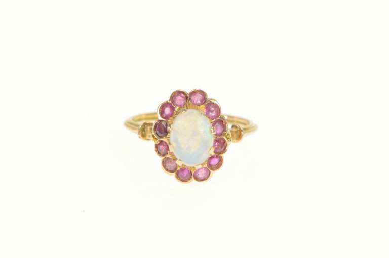 14K Yellow Gold 1.35 Ctw Victorian Natural Opal Ruby Halo Ring
