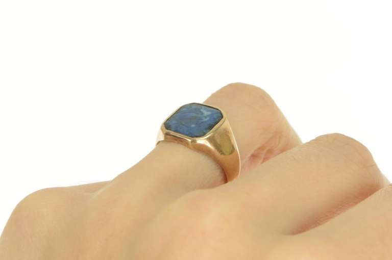 14K Yellow Gold 1960's Squared Blue Agate Statement Ring