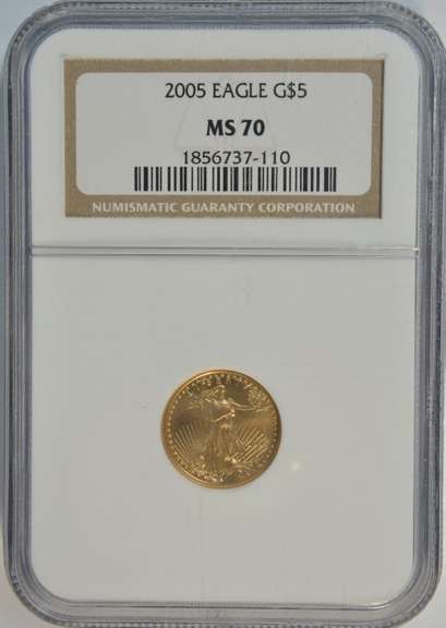 Perfect NGC MS70 graded 2005 $5 American Gold Eagle coin