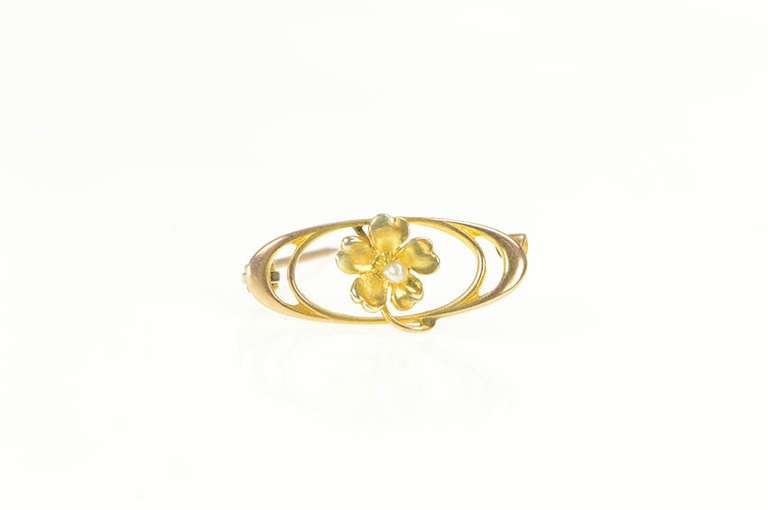 10K Yellow Gold Oval Victorian Seed Pearl Ornate Floral Pin/Brooch
