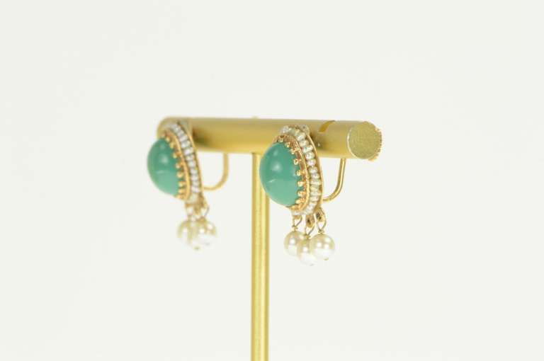 14K Yellow Gold Victorian Turquoise Seed Pearl Screw On Earrings