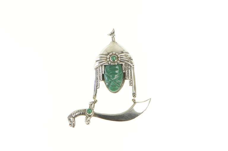Sterling Silver Carved Tribal Mask Green Agate Scimitar Pin/Brooch