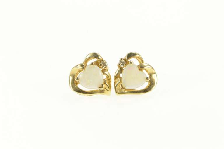 14K Yellow Gold Heart Opal Diamond Accent Love Stud Earrings