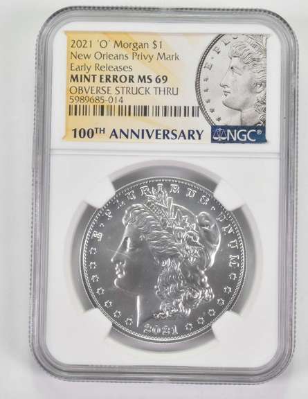 Error MS69 2021-O Morgan Silver $1 New Orleans Privy OBV Strk Thru NGC
