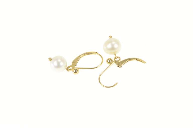 14K Yellow Gold Pearl Inset Classic Dangle Lever Back Earrings