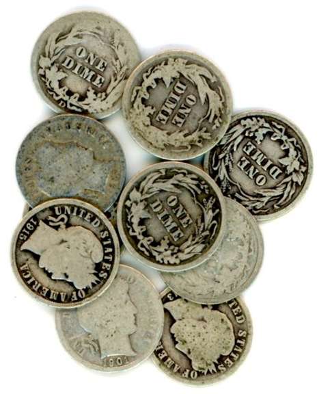 10 Assorted Silver Barber Dimes