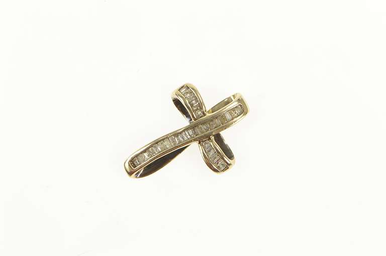 10K Yellow Gold Pave Baguette Diamond Curvy Cross Faith Pendant