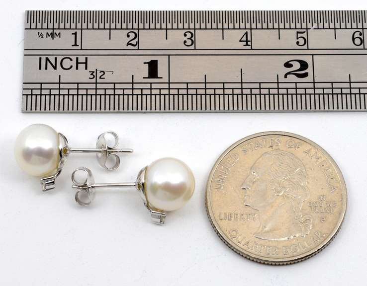 Charming Pearl & Diamond Stud Earrings in 14K WG