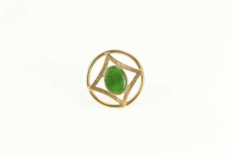 14K Yellow Gold 1960's Jade Oval Geometric Circle Lapel Pin/Brooch