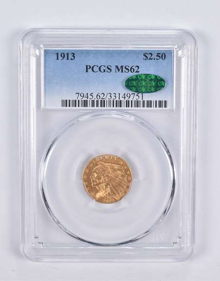 MS62 1913 $2.50 Indian Head Gold Quarter Eagle CAC PCGS
