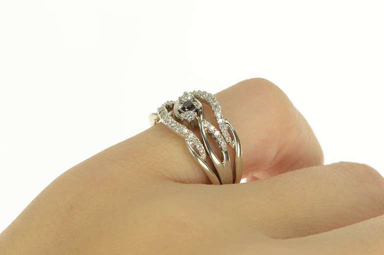 14K White Gold 0.58 Ctw Black & White Diamond Wave Band Ring