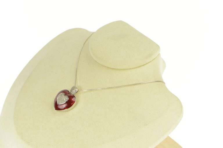 14K White Gold 0.40 Ctw Diamond Red Enamel Heart Love Pendant