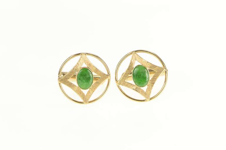 14K Yellow Gold 1960's Geometric Jade Ornate Retro Men's Cuff Links