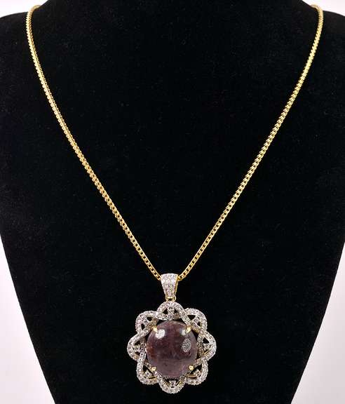 Mesmerizing Colossal 46.00CTS Cabochon-Cut Star Ruby & 3.94CTW White Sapphire Pendant Necklace in 14