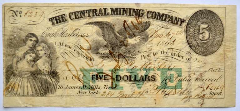 $ 5 Central Miing Company NY 1866 Note