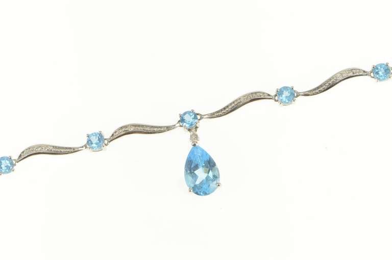 14K White Gold Pear Blue Topaz Diamond Wavy Bar Chain Necklace