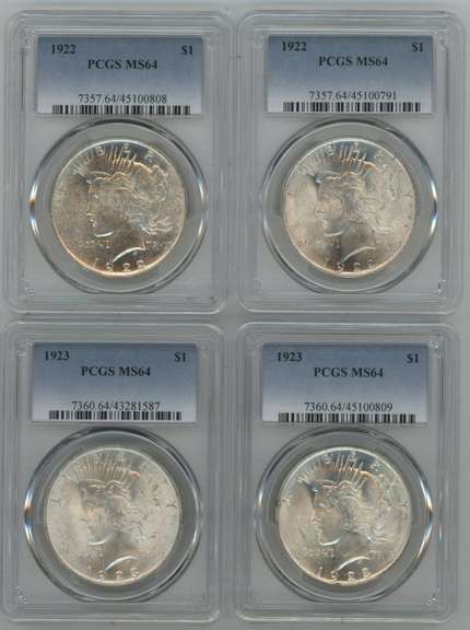 4 Blazing PCGS MS64 near Gem BU 1922 & 1923 Peace Dollars