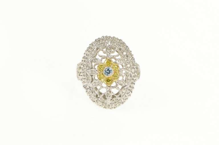 14K White Gold White Yellow & Blue Diamond Flower Filigree Ring