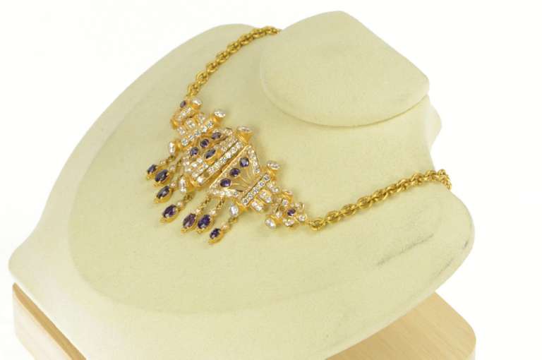 22K Yellow Gold Amethyst CZ Encrusted Collar Cable Chain Necklace