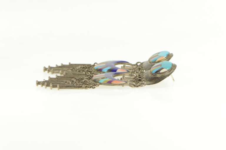 Sterling Silver Southwestern Turquoise Lapis Inlay Fringe Earrings
