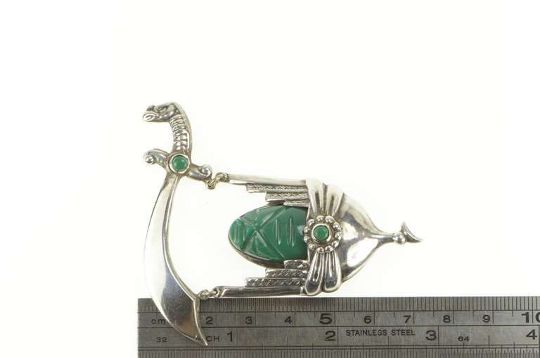 Sterling Silver Carved Tribal Mask Green Agate Scimitar Pin/Brooch