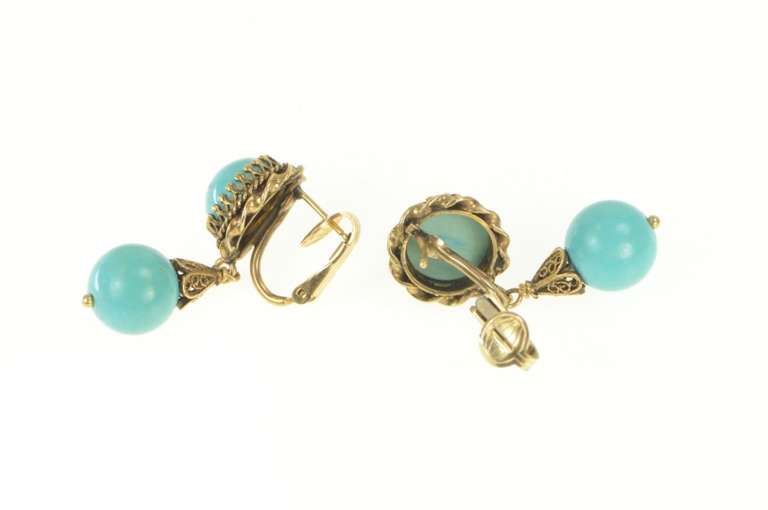 14K Yellow Gold Retro Turquoise Dangle Ornate Screw Back Earrings