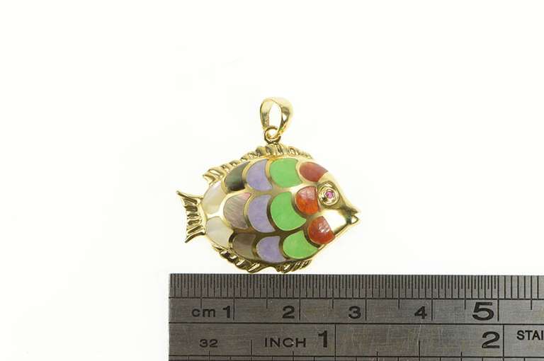 14K Yellow Gold Carnelian Jade Mother of Pearl Fish Scale Pendant