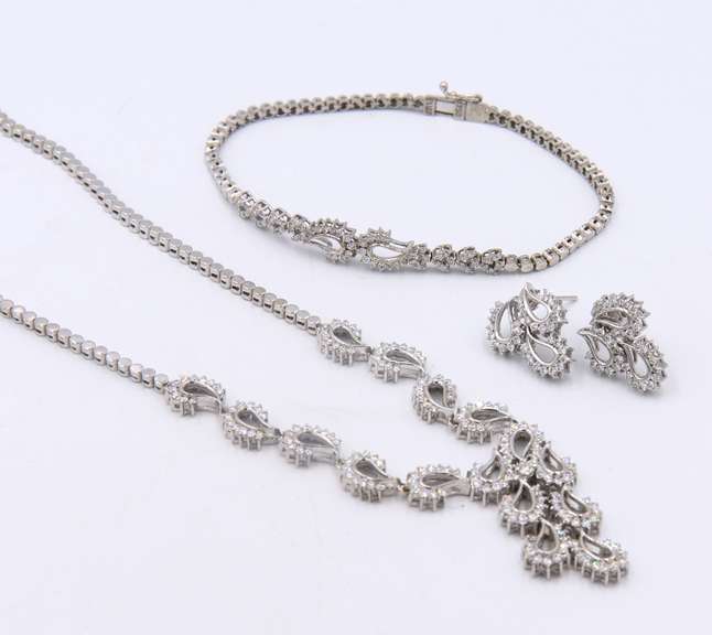 Quintessential White Gold Set of Diamond Waterfall Necklace, Bracelet and Earrings