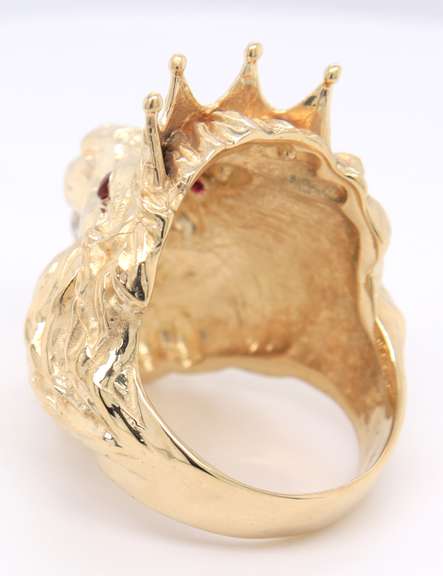 Breathtaking Yellow Gold Diamond in Crowned Lion's Mouth and Ruby Eyes Ring